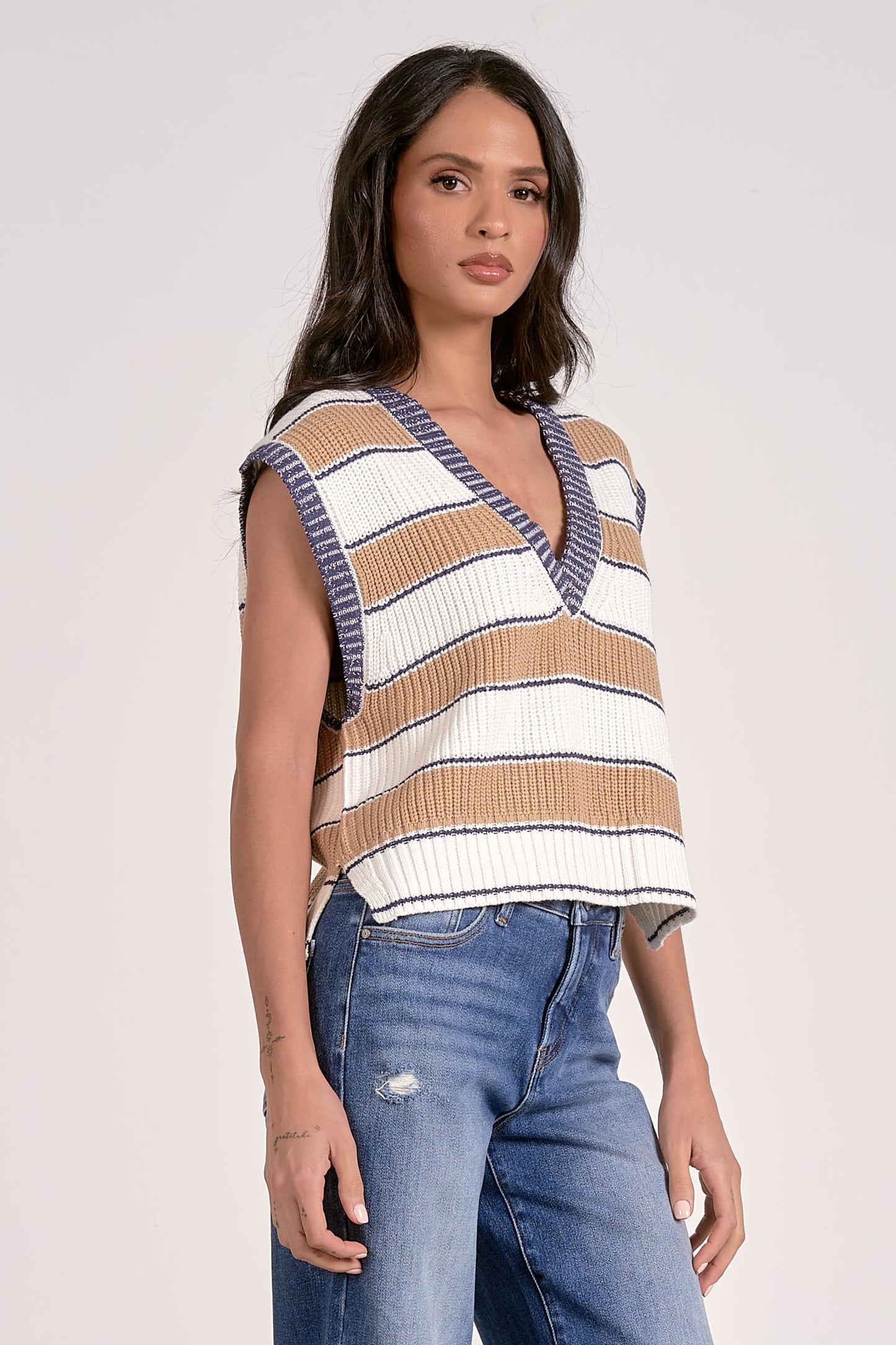 Slate Sleeveless Sweater Camel Stripe