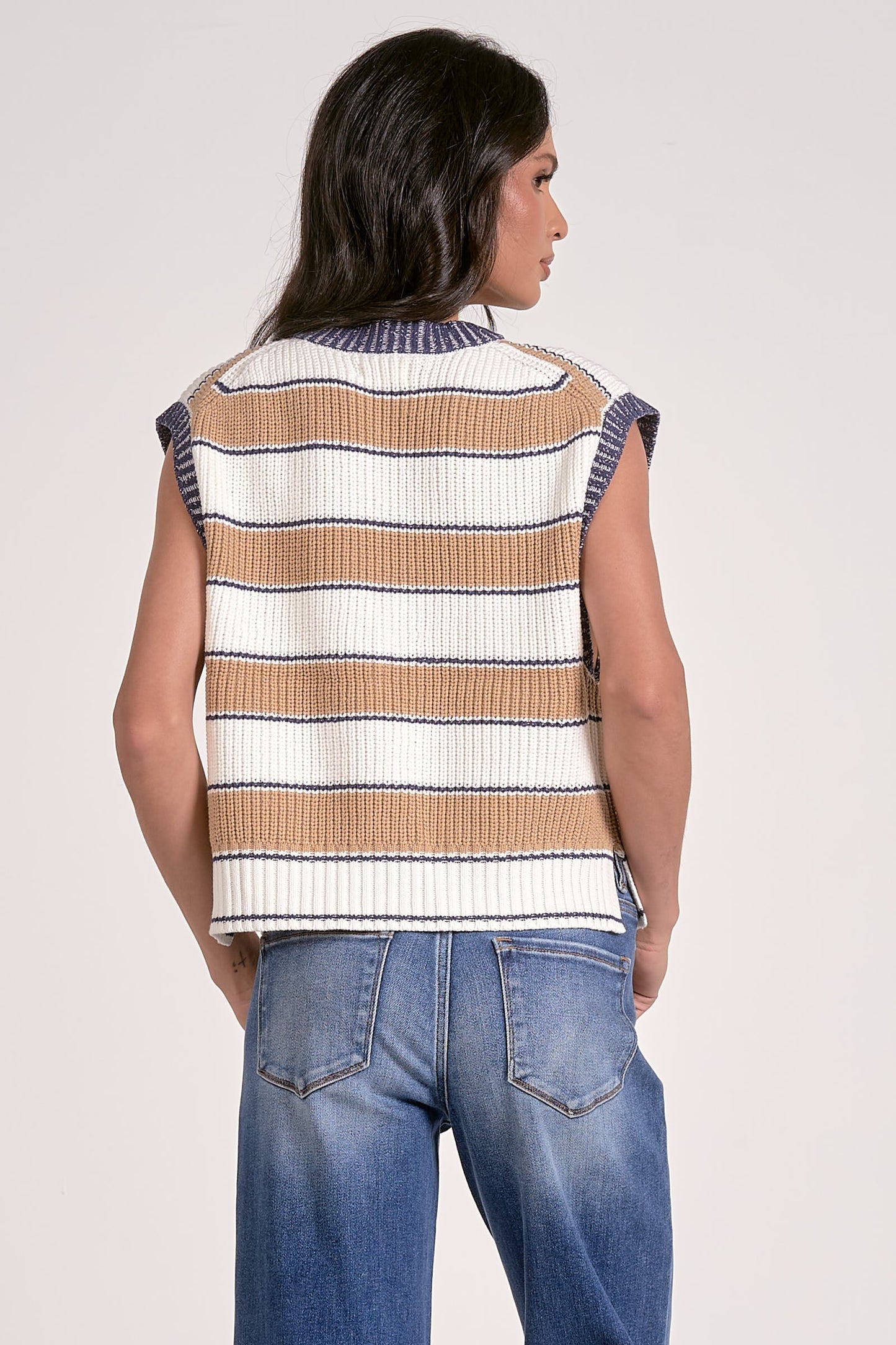 Slate Sleeveless Sweater Camel Stripe