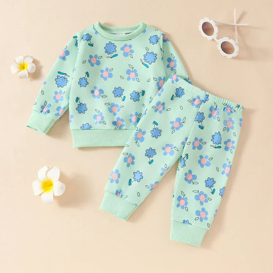 Baby Toddler Girls 2Pcs Fall Set Long Sleeve O Neck Floral Flower Print Top Elastic Waist Pants Set