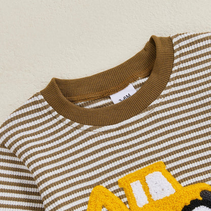 Baby Boy Fall Bubble Romper Casual Digger Tractor Embroidery Striped Long Sleeve Jumpsuit Infant Cute Outfit