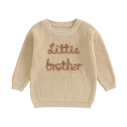 Baby Boys Sweater Letter Embroidery Little Brother Crew Neck Long Sleeve Pullover Top
