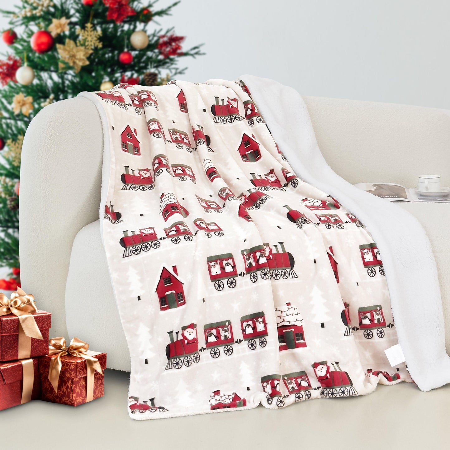 Elegant Comfort Christmas Sherpa Throw with Flannel Fleece - 50 x 60 inches