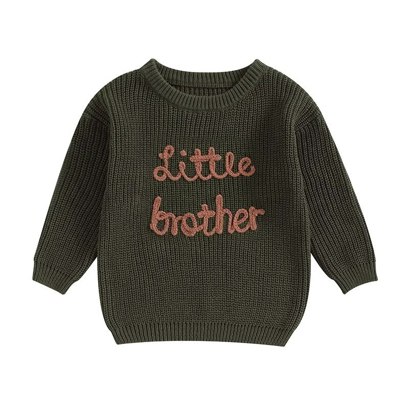 Baby Boys Sweater Letter Embroidery Little Brother Crew Neck Long Sleeve Pullover Top