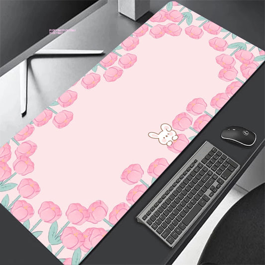 Kawaii Pink Flower Bunny Desk Pad-