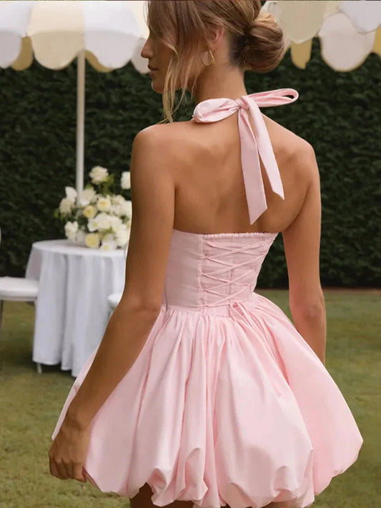 Women’s Pink Corset Puffball-Hem Mini Dress