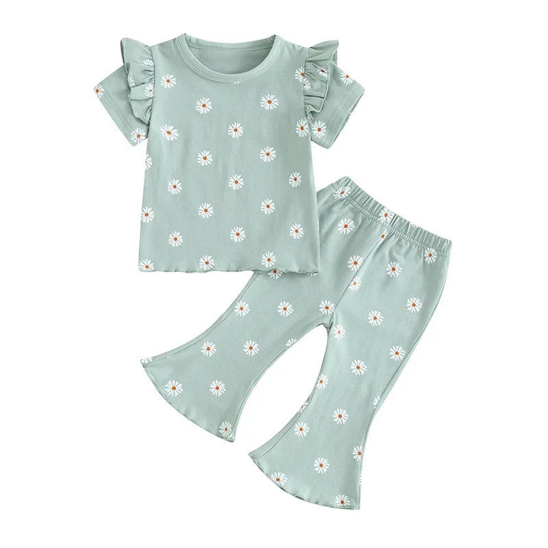 Toddler Kids Girl 2Pcs Summer Outfit Ruffle Short Sleeve Floral Flowers Print Top + Bell Bottom Pants Set Clothes