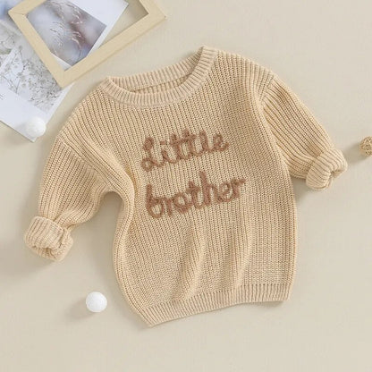 Baby Boys Sweater Letter Embroidery Little Brother Crew Neck Long Sleeve Pullover Top