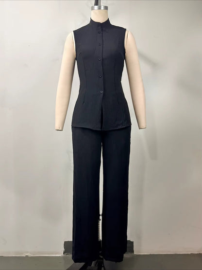 Women's Stand Collar Longline Vest Top & Wide-Leg Trousers Two-Piece Set