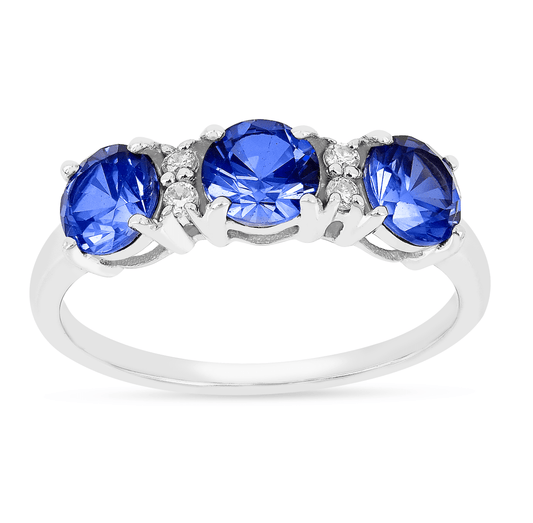 1.65 Ct Round Created Ceylon Blue Sapphire Prong Silver Three Stone Ring