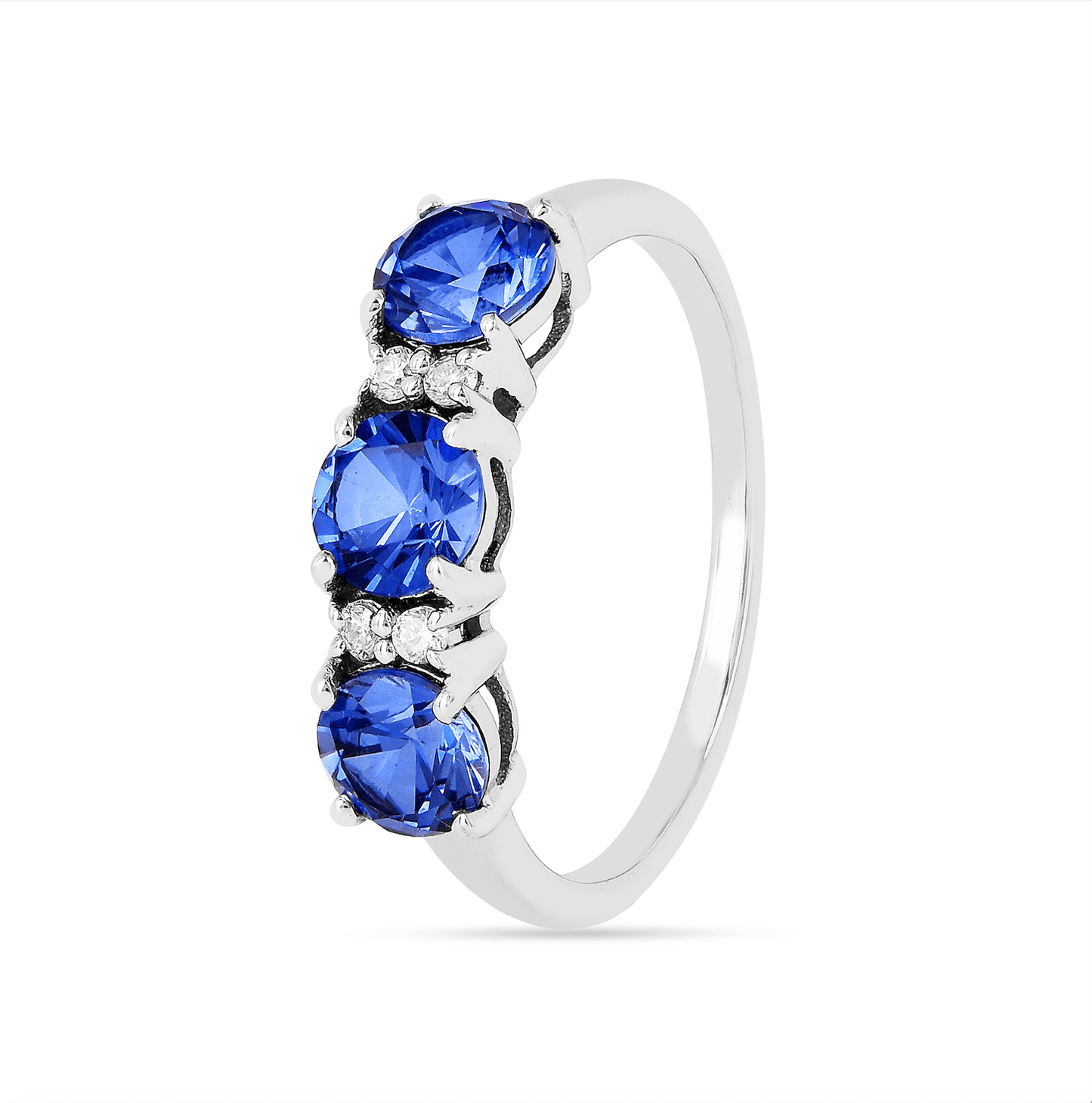1.65 Ct Round Created Ceylon Blue Sapphire Prong Silver Three Stone Ring