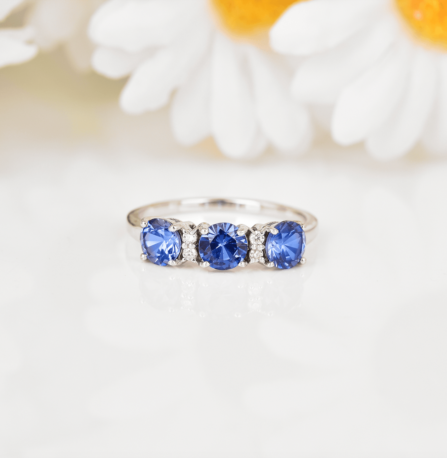1.65 Ct Round Created Ceylon Blue Sapphire Prong Silver Three Stone Ring