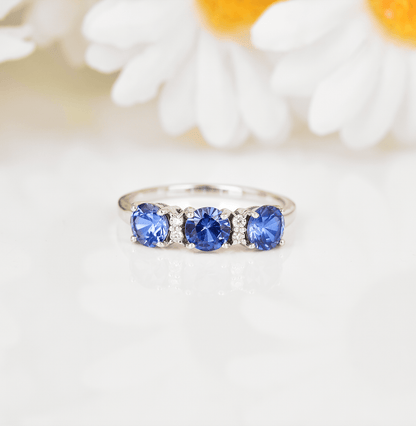 1.65 Ct Round Created Ceylon Blue Sapphire Prong Silver Three Stone Ring