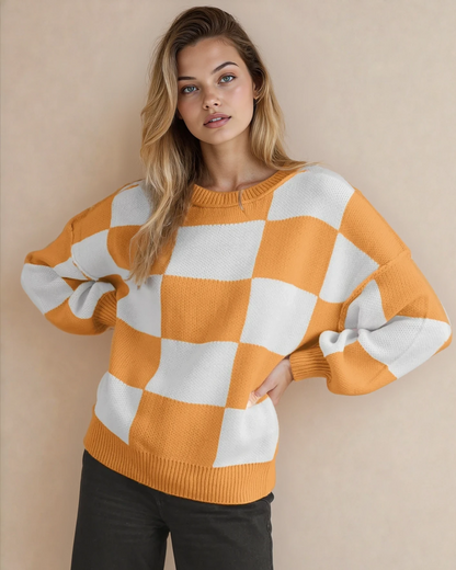 Checkered Crew Neck Sweater - Tangerine