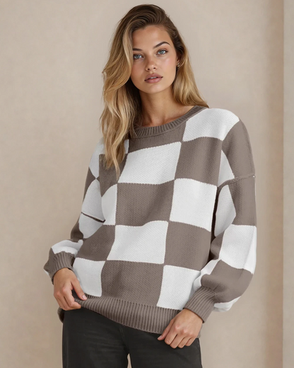 Checkered Crew Neck Sweater - Brown
