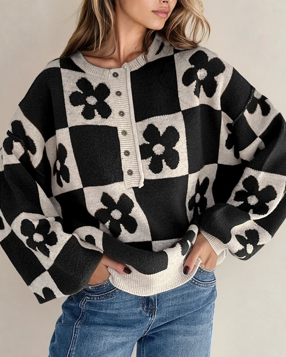 Flower Power Checkered Henley Sweater - Black