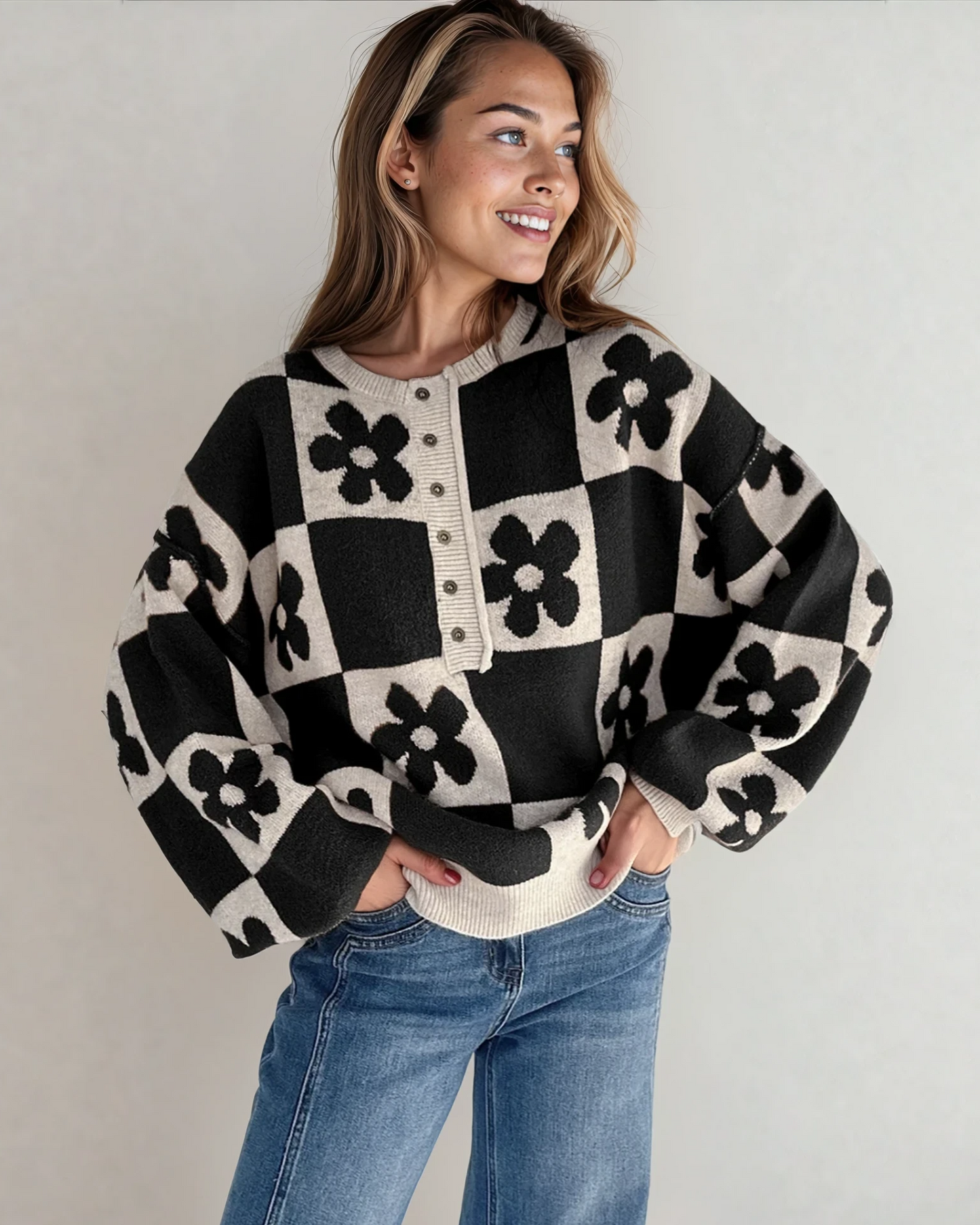 Flower Power Checkered Henley Sweater - Black