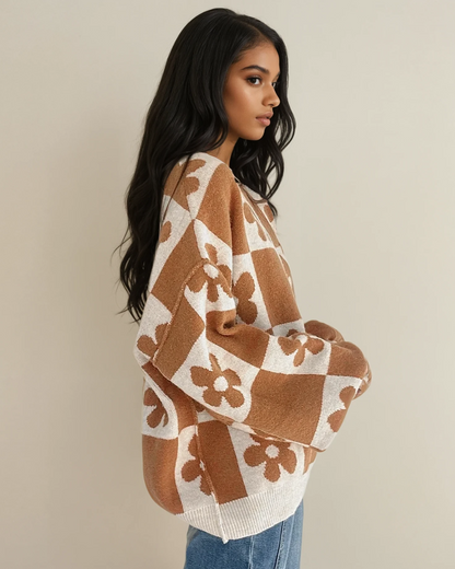 Flower Power Checkered Henley Sweater - Camel
