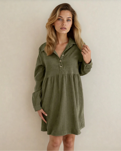 Abigail Corduroy Half Button Collared Long Sleeve Dress - Green