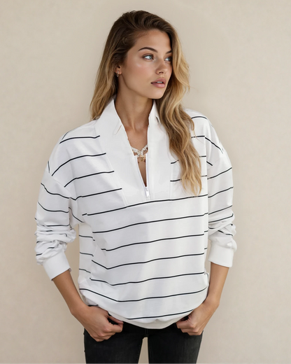 Madison Striped Zipper V-Neck Drop Sleeve Top - Black