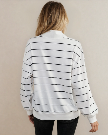 Madison Striped Zipper V-Neck Drop Sleeve Top - Black