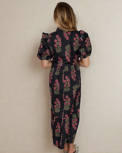 Kali Floral Short Bubble Sleeve Tiered Maxi Dress - Black