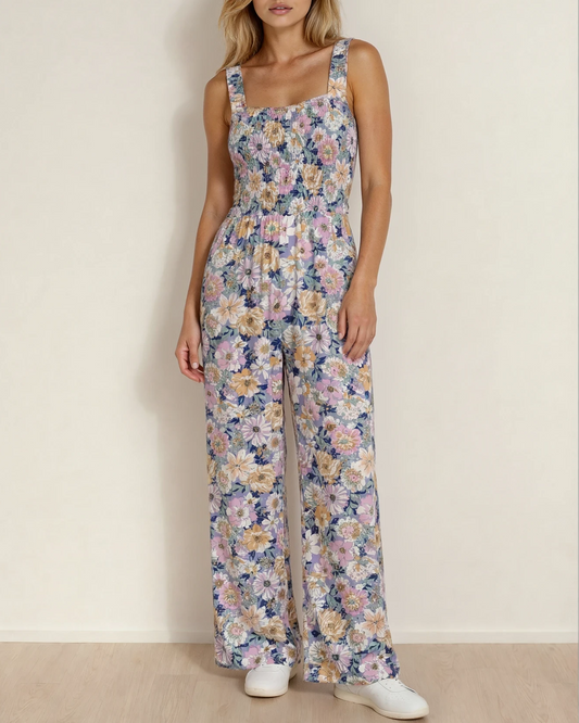 Angelica Square Neckline Stretch High Waist Jumpsuit - Purple Floral