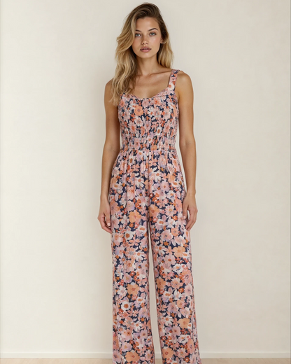 Angelica Square Neckline Stretch High Waist Jumpsuit - Pink Floral