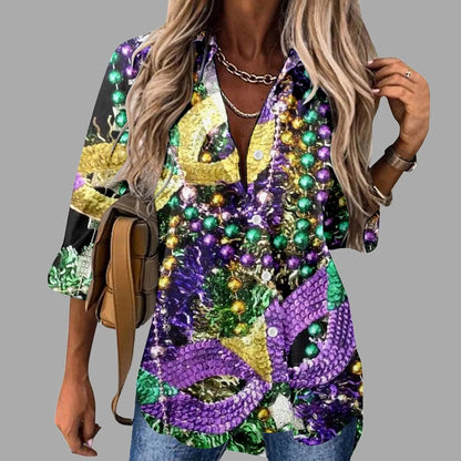 🎭 Mardi Gras Women's V-Neck Long Sleeve Carnival Print Shirt