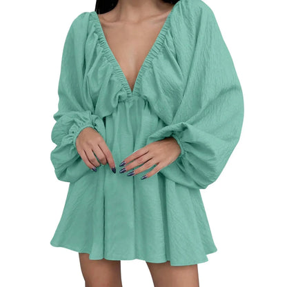 Mandotos Deep V Neck Retro Pleated Dress With Long Sleeves Pink Large Size For Women
