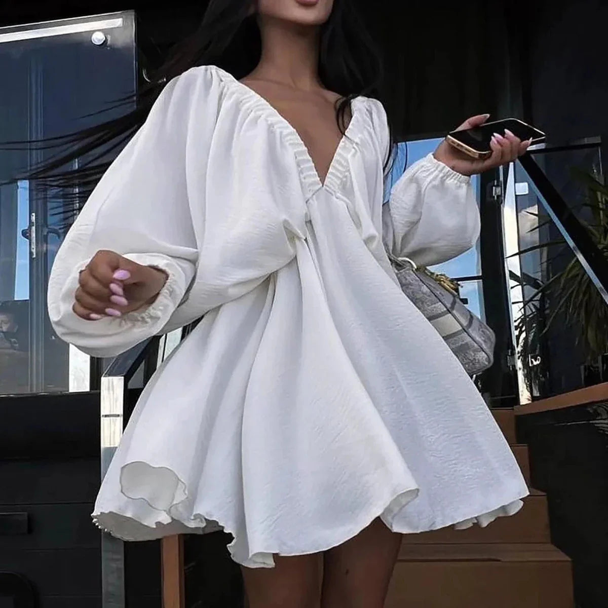 Mandotos Deep V Neck Retro Pleated Dress With Long Sleeves Pink Large Size For Women
