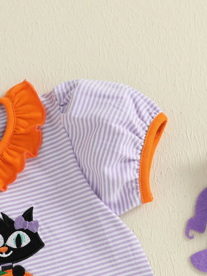 Baby Toddler Kids Girl Halloween Striped Dress Pumpkin Black Cat Embroidered Short Sleeve Ruffled Dress Cute Fall Clothes
