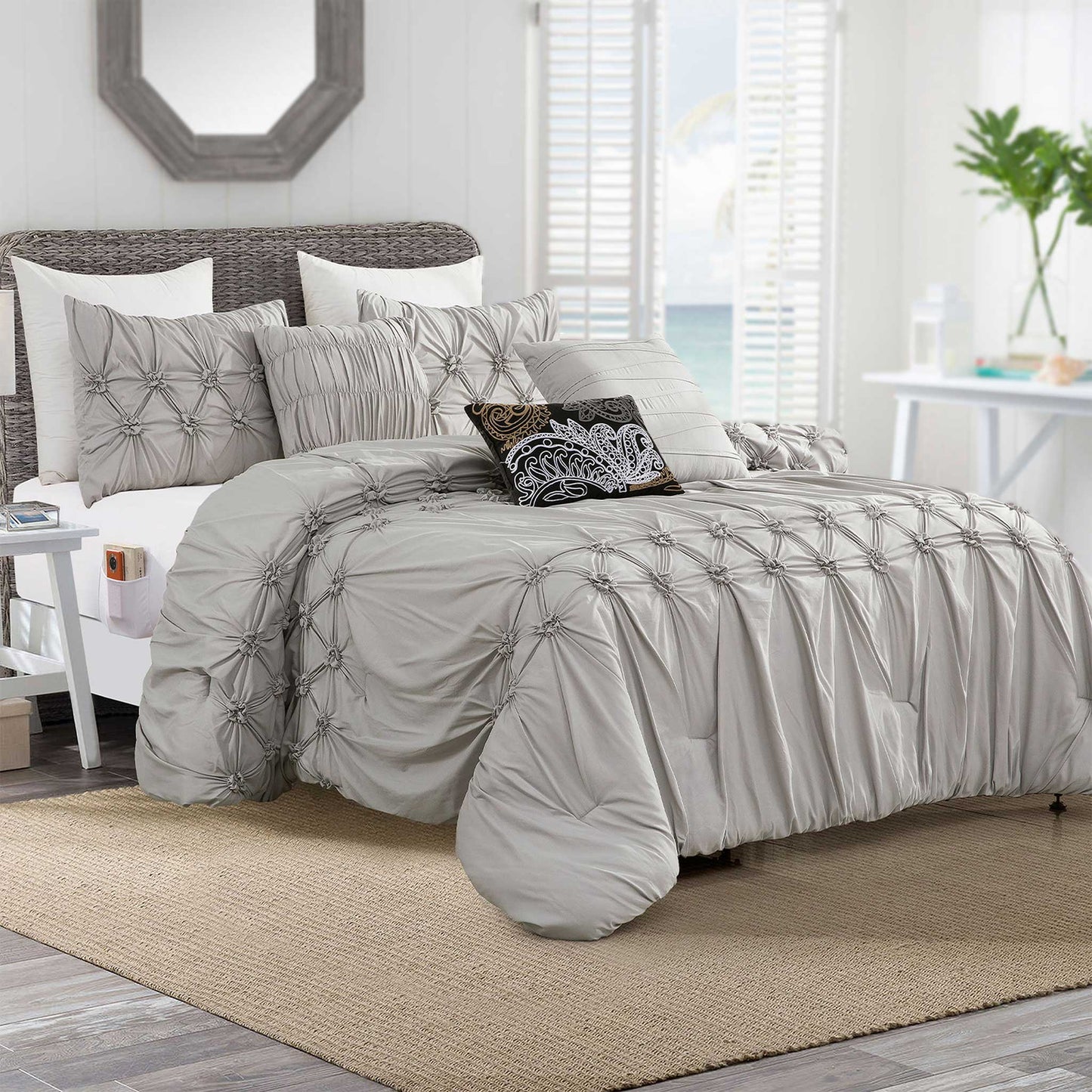Mocassi 12-Piece Ella Pleated Ruched Pintuck Comforter Set, Includes 6-Piece Sheet Set with Double Sided Storage Pockets