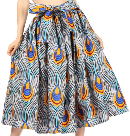 Sakkas Ama Women's Vintage Circle African Ankara Print Midi Skirt with Pockets