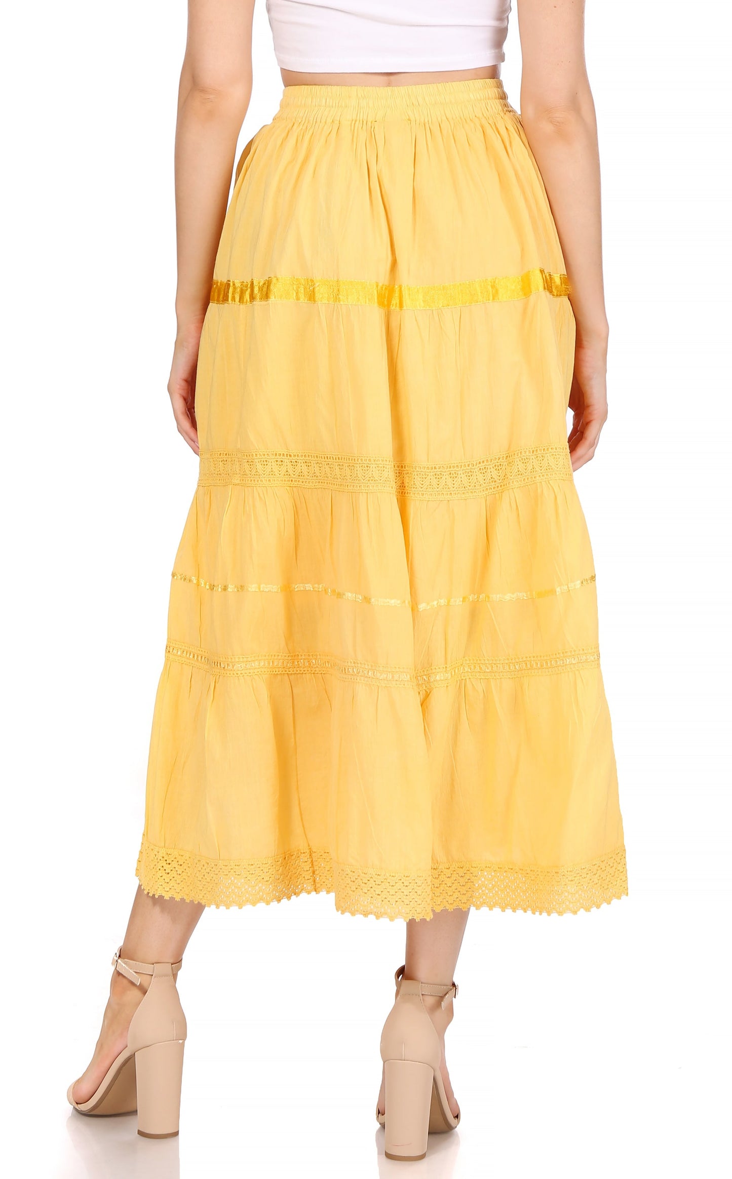 Sakkas Solid Embroidered Gypsy / Bohemian Mid Length Cotton Skirt