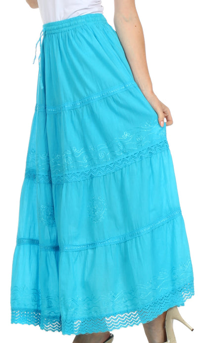 Sakkas Solid Embroidered Crochet Lace Trim Gypsy Bohemian Mid Length Cotton Skirt