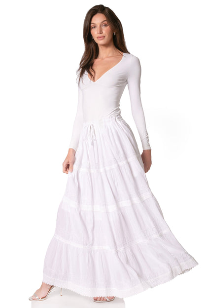Sakkas Solid Embroidered Crochet Lace Trim Gypsy Bohemian Mid Length Cotton Skirt
