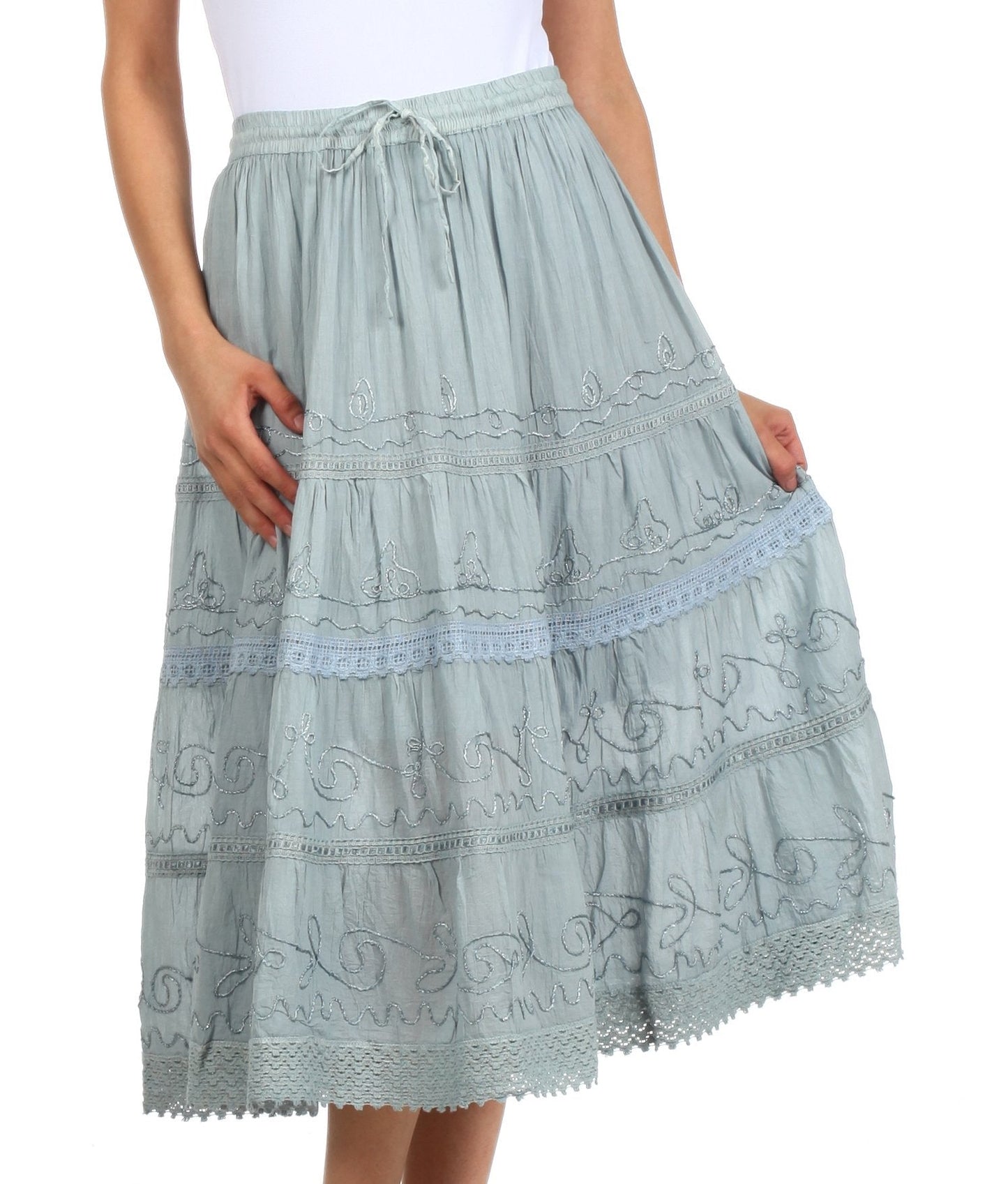 Sakkas Solid Embroidered Crochet Lace Trim Gypsy Bohemian Mid Length Cotton Skirt