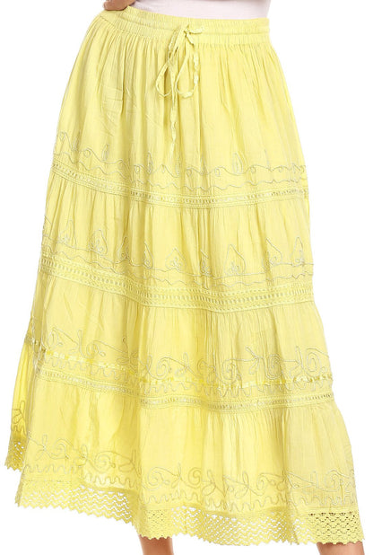 Sakkas Solid Embroidered Crochet Lace Trim Gypsy Bohemian Mid Length Cotton Skirt