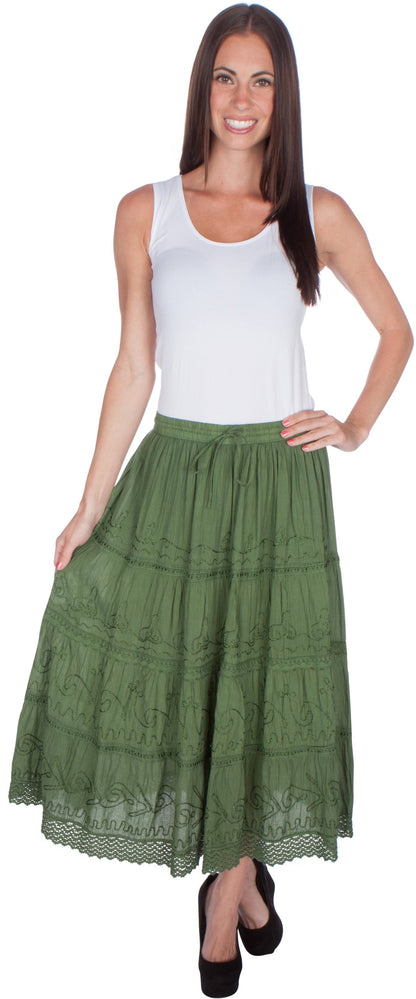 Sakkas Solid Embroidered Crochet Lace Trim Gypsy Bohemian Mid Length Cotton Skirt