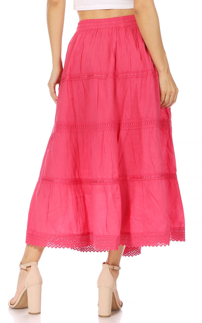 Sakkas Solid Embroidered Crochet Lace Trim Gypsy Bohemian Mid Length Cotton Skirt