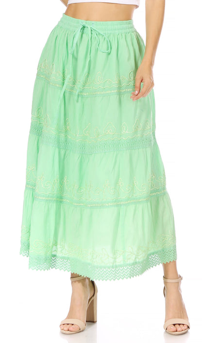 Sakkas Solid Embroidered Crochet Lace Trim Gypsy Bohemian Mid Length Cotton Skirt