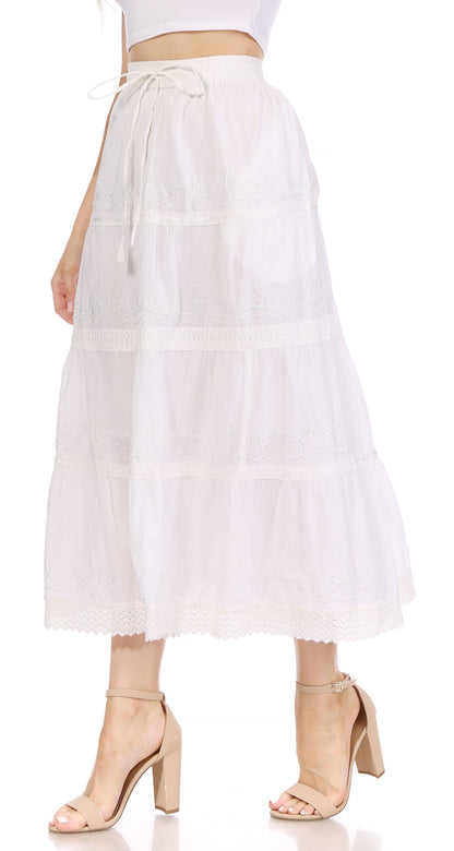 Sakkas Solid Embroidered Crochet Lace Trim Gypsy Bohemian Mid Length Cotton Skirt