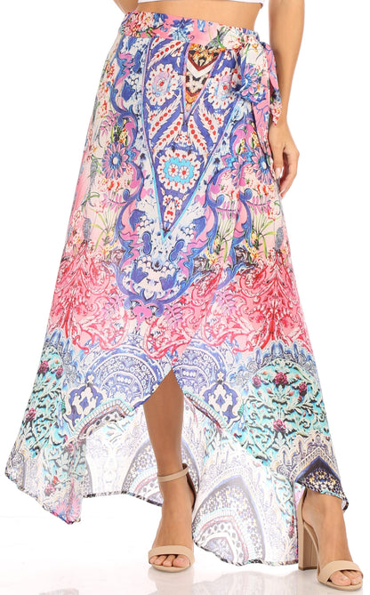 Sakkas Amaia Women's Maxi Floral Print Boho Summer Casual Long Wrap Skirt Cover-up
