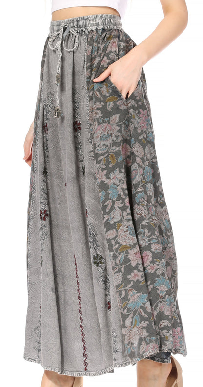 Sakkas Maran Women's Boho Embroidery Skirt with Lace Elastic Waist and Pockets