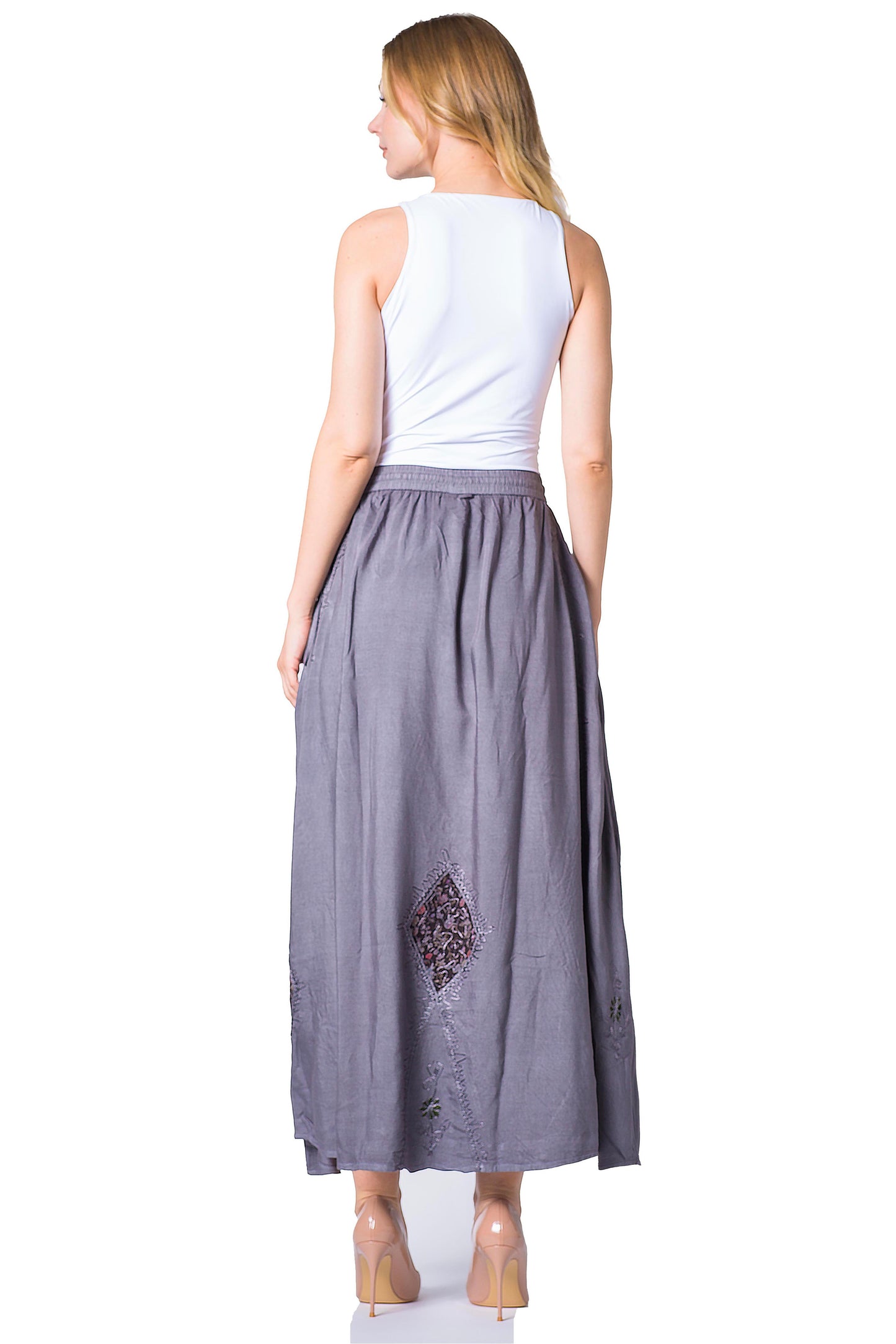 Sakkas Zarah Women's Boho Embroidery Gypsy Skirt with Lace Elastic Waist Pockets