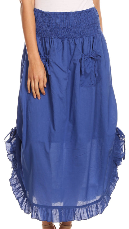 Sakkas Coco Long Cotton Ruffle Skirt with Pockets and Elastic Waistband