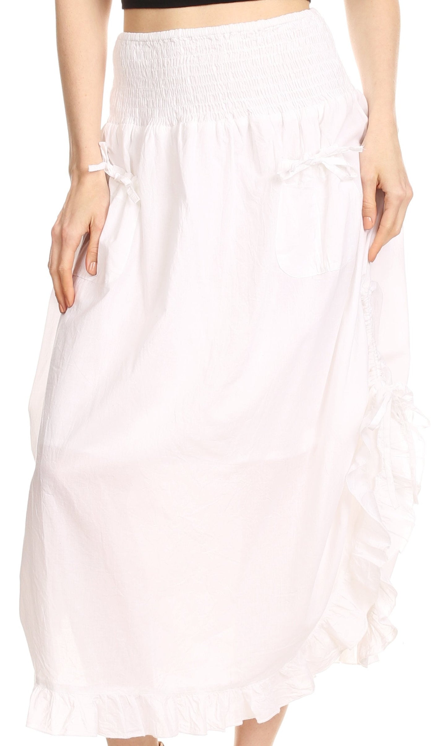 Sakkas Coco Long Cotton Ruffle Skirt with Pockets and Elastic Waistband