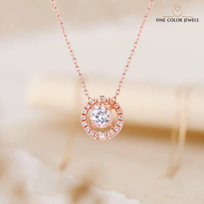 1.30 Ct Round White Topaz Prong Rose Gold Plated Silver Pendant Necklace