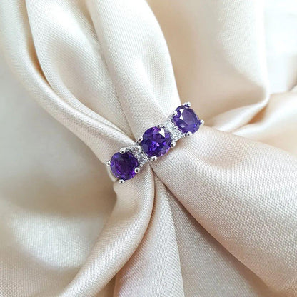 1.7 Ct Round Purple Amethyst Prong Silver Three Stone Ring