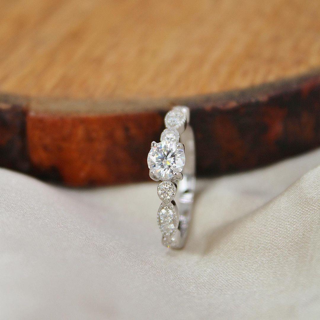Round White Moissanite Prong Sterling Silver Engagement Solitaire Ring